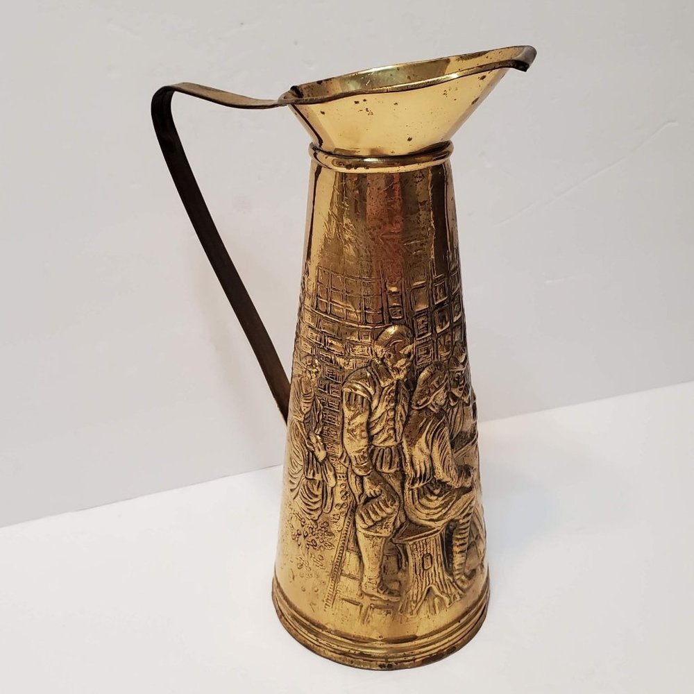 Vintage Elpec Brass Pitcher with Embossed Street Scene, Mid Century England